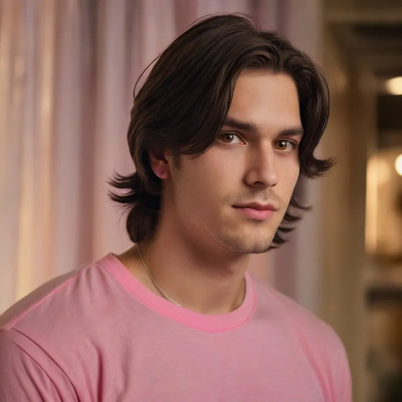 Young Man with Dangling Earring - A young man with shoulder-length, layered dark hair parted in the middle, warm brown eyes, clear skin wearing a dangling earring and a pink t shirt, looking straight ahead against a softly lit indoor - AI image generated with Photorealistic