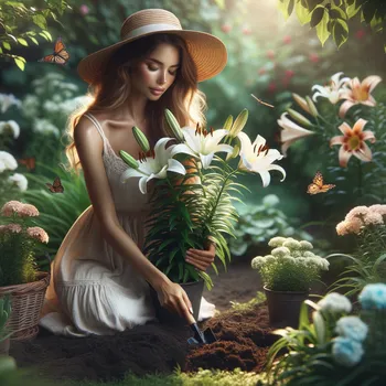 Young Woman Planting Lilies in Her Garden