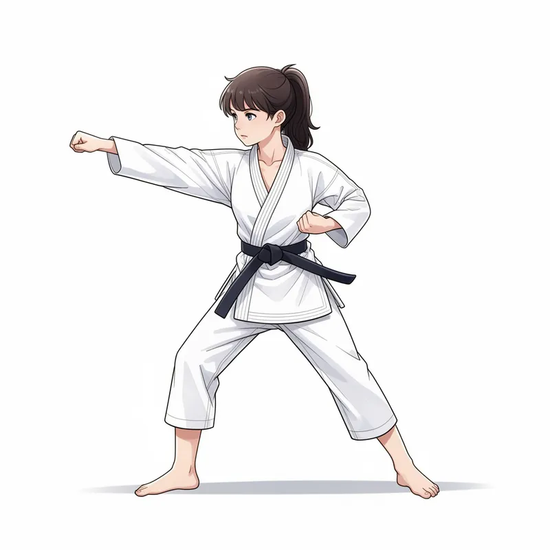 Young Woman Practicing Karate - A digital illustration with clean line work and soft gradients of a young woman practicing karate - AI image generated with Flux 2