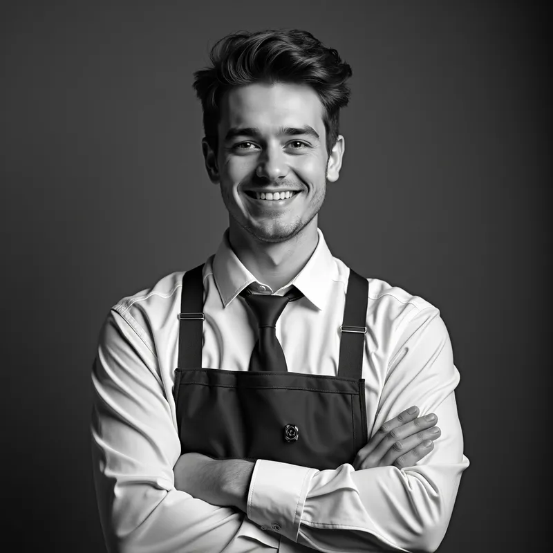 Young Worker in Monochrome Smile - Young employee in a low-paying job, slight smile, black and white, dark gray monochromatic background, horizontal, showing only the upper half of the body, almost no margin at the top. - AI image generated with Photorealistic 2