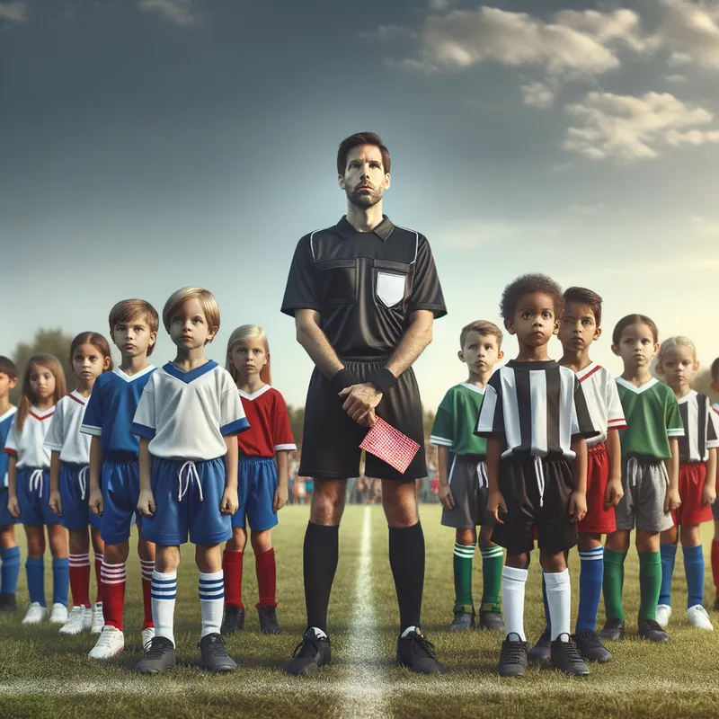 Youth Soccer Match Showdown - two teams of children on both sides with a referee in the middle holding a handkerchief - AI image generated with Art