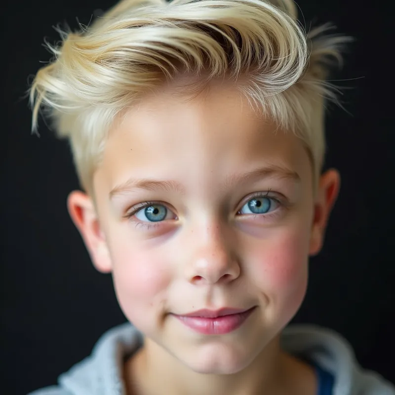 Youthful Elegance - A close-up portrait of a 16-year-old boy with platinum blonde hair in a stylish chignon, with soft lighting highlighting his youthful features. - AI image generated with Photorealistic 2