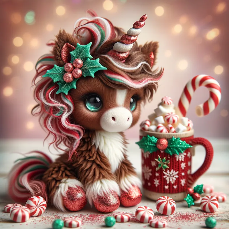 Yuletide Baby Unicorn - A chocolate brown baby unicorn with a curly, fluffy mane highlighting red and white colors, a peppermint-colored horn, and adorned with glittery peppermint candies and green holly leaves. The unicorn is sitting beside a festive mug of hot chocolate topped with miniature marshmallows. Scattered peppermint candies add to the holiday theme. The background is soft and filled with holiday sparkles. - AI image generated with Art - vivid colors, master shot