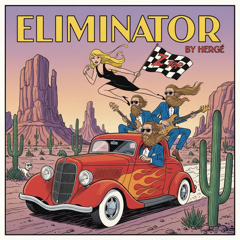 ZZ Top Eliminator by Hergé - ZZ Top Eliminator album cover by Hergé - AI image generated with Nano Banana