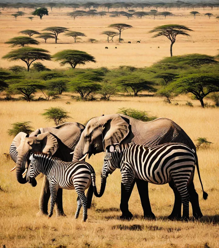 Zebras and Elephants in Savannah - african savannah with zebras and elephants - AI image generated with Photorealistic
