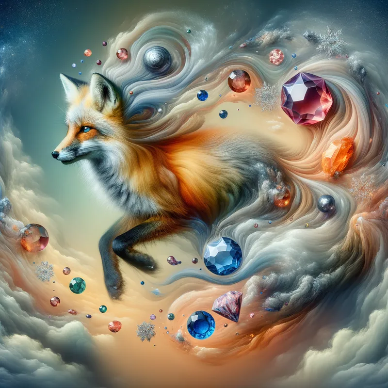 Zephyr Fox Mirage - A surreal depiction of a fox mirage, representing Gemini's air sign, with its body evaporating into the wind, surrounded by floating gemstones and airy ephemera. - AI image generated with Art