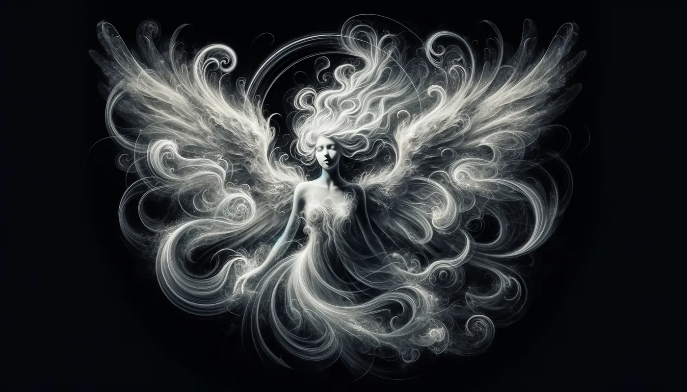 Zephyr Guardian - An ethereal angel of wind, with delicate, airy wings that seem to dissolve into the breeze, surrounded by swirling currents of air. - AI image generated with Art
