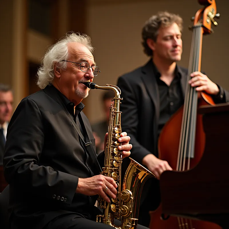 Zoli’s Jubilant Jazz - Write a jazz-inspired birthday tune for Zoli’s 70th, using saxophone, upright bass, and piano. Highlight the energetic and positive nature of an életerős, joyful retiree as he marks this milestone occasion. - AI image generated with Photorealistic 2