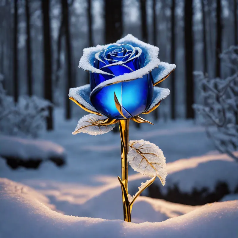 a bright blue rose made of crystal, glow - a bright blue rose made of crystal, glowing in the night of a snowy forest - AI image generated with Fictional