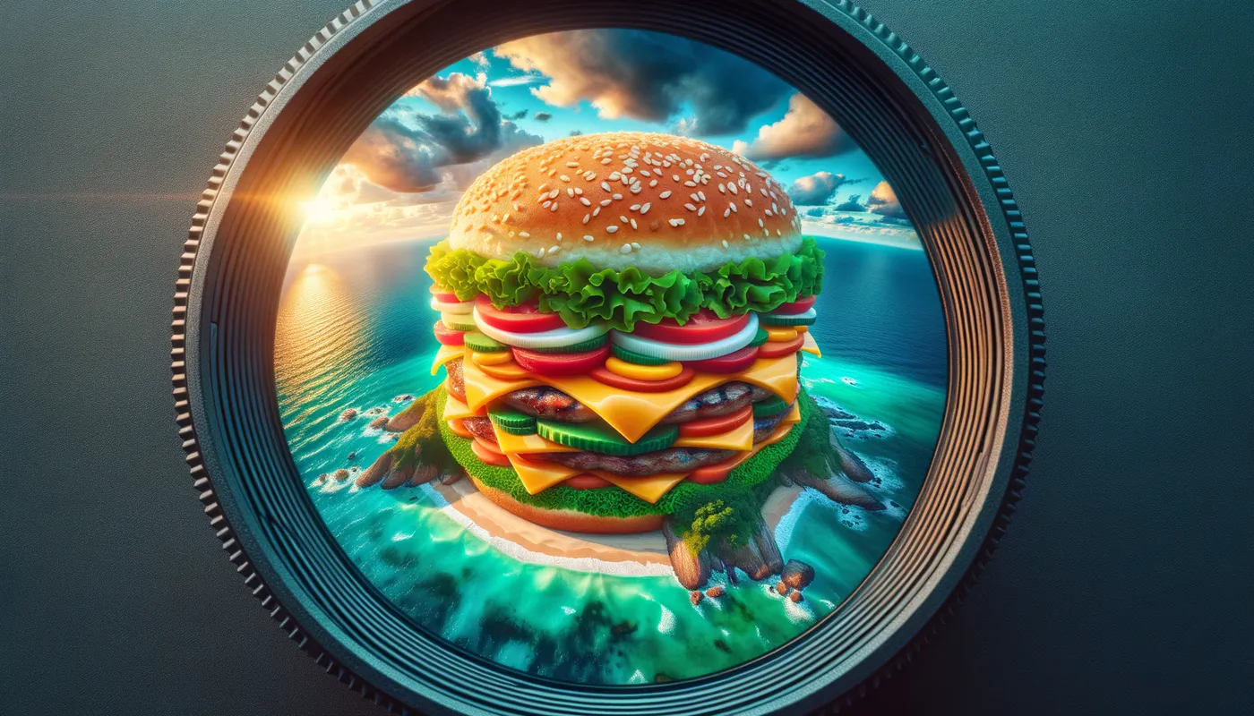 burger island - burger island - ultra wide lens at long shot, colorful