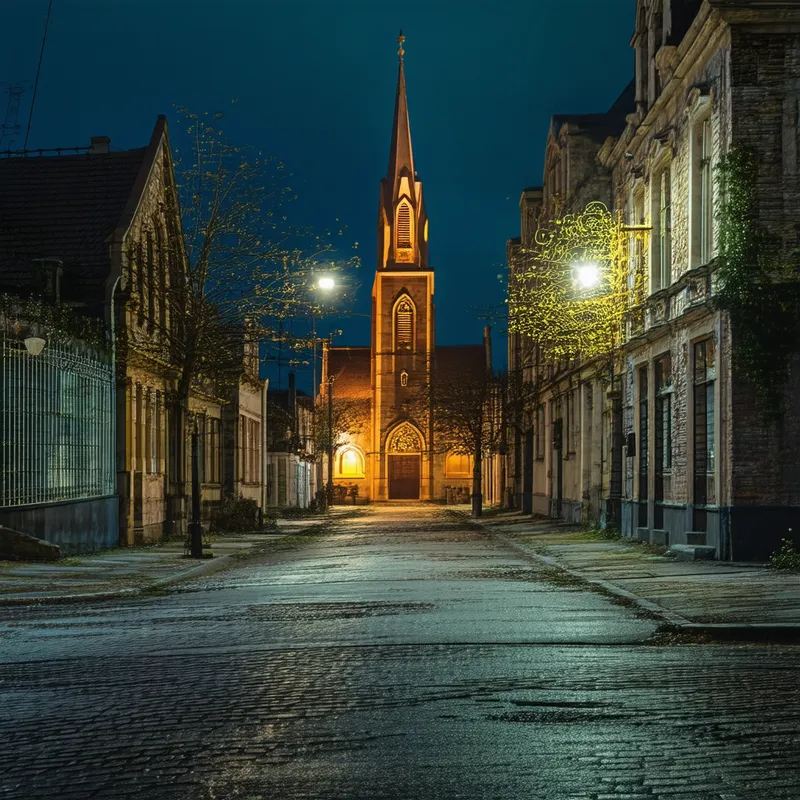 church style Right blend. Keep tweaking - church style Right blend. Keep tweaking the description until it aligns with your vision.but personel home feeling with video , guitars drums and music notes - deserted street at night