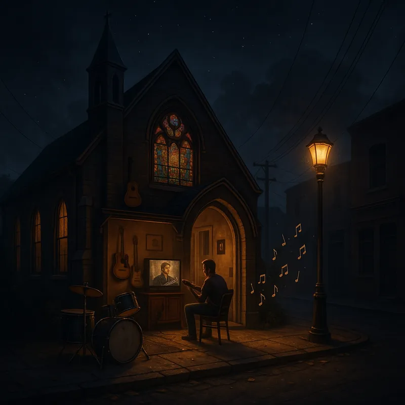 church style Right blend. Keep tweaking  - church style Right blend. Keep tweaking the description until it aligns with your vision.but personel home feeling with video , guitars drums and music notes  - AI image generated with GPT Image - deserted street at night