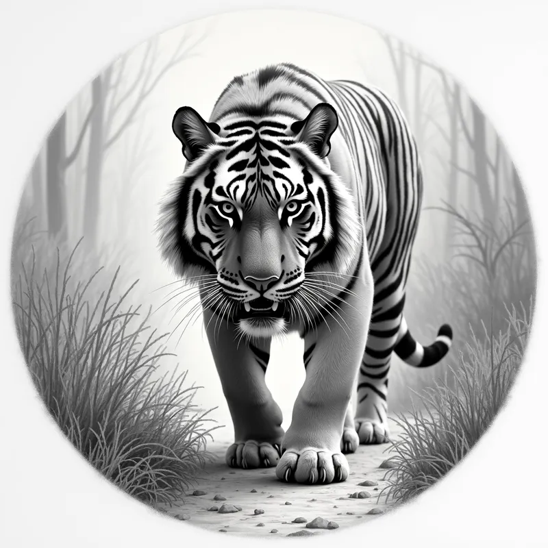 circular grayscale detailed realistic pe - circular grayscale detailed realistic pencil drawing of a tiger stalking the camera walking towards it - AI image generated with Photorealistic 2
