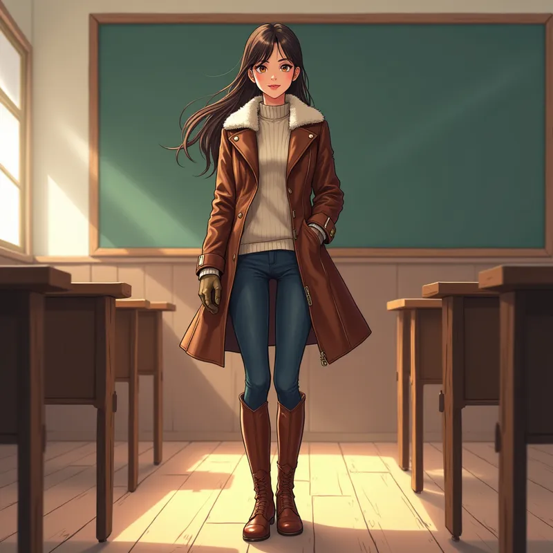 Écolière Magnifique au Regard Fier - Une fille magnifique en tenue d'écolière, portée d'un gilet en laine élégant, de gants en cuir marron brillant, et de bottes d'équitation en cuir marron brillant et raide. Elle se tient debout, légèrement penchée en avant dans une salle de classe, jetant un regard méchant. Style manga couleur, très joli et détaillé avec des jeux d'ombres et de lumières. - AI image generated with Photorealistic 2