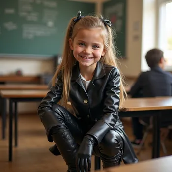 Écolière élégante accroupie en salle de classe