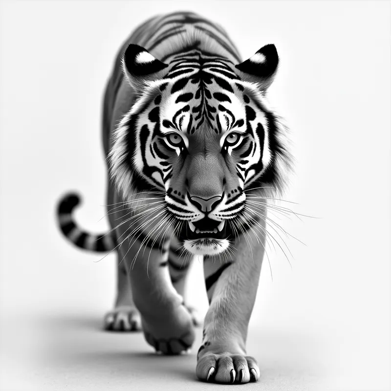 grayscale realistic detailed pencil draw - grayscale realistic detailed pencil drawing of a tiger stalking the camera - AI image generated with Photorealistic 2