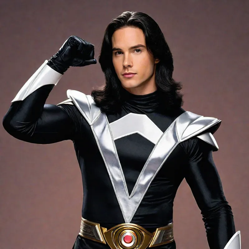 handsome white guy with long black hair  - handsome white guy with long black hair wearing a black power ranger outfit - AI image generated with Photorealistic