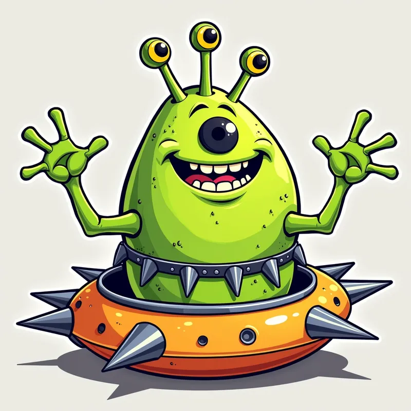 /imagine prompt:Detailed line art illust - /imagine prompt:Detailed line art illustration A cartoonish, bright green alien creature, positioned centrally in the image. The creature has a bulbous, teardrop shape body, and one large, expressive eye in the middle of its forehead Three oddly shaped fleshy appendages stick straight out from the top of its headi. It is wearing a gothic collar with enormous metal spikes sticking out of it. The creature has a cheerful, grinning expression, with visible, cartoonish teeth.  Its arms, also brightly coloured, are outstretched in a welcoming gesture. The creature is sitting in a brightly coloured spaceship with metal spikes sticking out from the sides. The background is a plain, light gray. The style is vibrant, playful, and exaggerated, with bold outlines and bright colors. The lighting is even, casting no significant shadows. The creature's pose is friendly and inviting. The overall impression is of a friendly, cartoon alien character. - AI image generated with Photorealistic 2