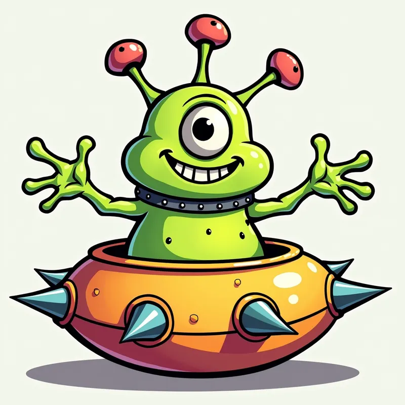 /imagine prompt:Detailed line art illust - /imagine prompt:Detailed line art illustration A cartoonish, bright green alien creature, positioned centrally in the image. The creature has a bulbous, teardrop shape body, and one large, expressive eye in the middle of its forehead Three oddly shaped fleshy appendages stick straight out from the top of its headi. It is wearing a gothic collar with enormous metal spikes sticking out of it. The creature has a cheerful, grinning expression, with visible, cartoonish teeth. Its arms, also brightly coloured, are outstretched in a welcoming gesture. The creature is sitting in a brightly coloured spaceship with metal spikes sticking out from the sides. The background is a plain, light gray. The style is vibrant, playful, and exaggerated, with bold outlines and bright colors. The lighting is even, casting no significant shadows. The creature's pose is friendly and inviting. The overall impression is of a friendly, cartoon alien character. - AI image generated with Photorealistic 2