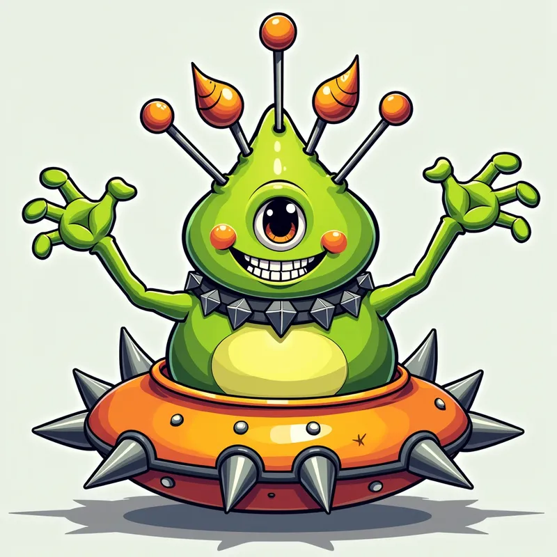 /imagine prompt:Detailed line art illust - /imagine prompt:Detailed line art illustration A cartoonish, bright green alien creature, positioned centrally in the image. The creature has a bulbous, teardrop shape body, and one large, expressive eye in the middle of its forehead Three oddly shaped fleshy appendages stick straight out from the top of its headi. It is wearing a gothic collar with enormous metal spikes sticking out of it. The creature has a cheerful, grinning expression, with visible, cartoonish teeth. Its arms, also brightly coloured, are outstretched in a welcoming gesture. The creature is sitting in a brightly coloured spaceship with metal spikes sticking out from the sides. The background is a plain, light gray. The style is vibrant, playful, and exaggerated, with bold outlines and bright colors. The lighting is even, casting no significant shadows. The creature's pose is friendly and inviting. The overall impression is of a friendly, cartoon alien character. - AI image generated with Photorealistic 2