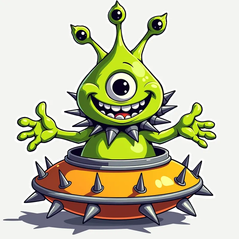 /imagine prompt:Detailed line art illust - /imagine prompt:Detailed line art illustration A cartoonish, bright green alien creature, positioned centrally in the image. The creature has a bulbous, teardrop shape body, and one large, expressive eye in the middle of its forehead Three oddly shaped fleshy appendages stick straight out from the top of its headi. It is wearing a gothic collar with enormous metal spikes sticking out of it. The creature has a cheerful, grinning expression, with visible, cartoonish teeth. Its arms, also brightly coloured, are outstretched in a welcoming gesture. The creature is sitting in a brightly coloured spaceship with metal spikes sticking out from the sides. The background is a plain, light gray. The style is vibrant, playful, and exaggerated, with bold outlines and bright colors. The lighting is even, casting no significant shadows. The creature's pose is friendly and inviting. The overall impression is of a friendly, cartoon alien character. - AI image generated with Photorealistic 2