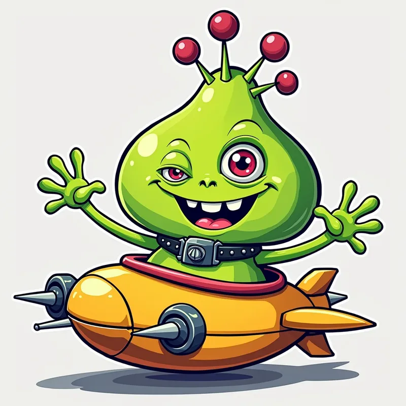 /imagine prompt:Detailed line art illust - /imagine prompt:Detailed line art illustration A cartoonish, bright green alien creature, positioned centrally in the image. The creature has a bulbous, teardrop shape body, and one large, expressive eye in the middle of its forehead Three oddly shaped fleshy appendages stick straight out from the top of its headi. It is wearing a gothic collar with enormous metal spikes sticking out of it. The creature has a cheerful, grinning expression, with visible, cartoonish teeth. Its arms, also brightly coloured, are outstretched in a welcoming gesture. The creature is sitting in a brightly coloured spaceship with metal spikes sticking out from the sides. The background is a plain, light gray. The style is vibrant, playful, and exaggerated, with bold outlines and bright colors. The lighting is even, casting no significant shadows. The creature's pose is friendly and inviting. The overall impression is of a friendly, cartoon alien character. - AI image generated with Photorealistic 2
