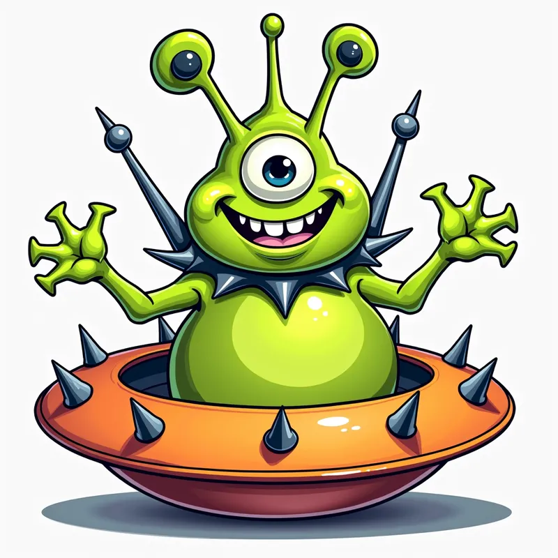 /imagine prompt:Detailed line art illust - /imagine prompt:Detailed line art illustration A cartoonish, bright green alien creature, positioned centrally in the image. The creature has a bulbous, teardrop shape body, and one large, expressive eye in the middle of its forehead Three oddly shaped fleshy appendages stick straight out from the top of its headi. It is wearing a gothic collar with enormous metal spikes sticking out of it. The creature has a cheerful, grinning expression, with visible, cartoonish teeth. Its arms, also brightly coloured, are outstretched in a welcoming gesture. The creature is sitting in a brightly coloured spaceship with metal spikes sticking out from the sides. The background is a plain, light gray. The style is vibrant, playful, and exaggerated, with bold outlines and bright colors. The lighting is even, casting no significant shadows. The creature's pose is friendly and inviting. The overall impression is of a friendly, cartoon alien character. - AI image generated with Photorealistic 2