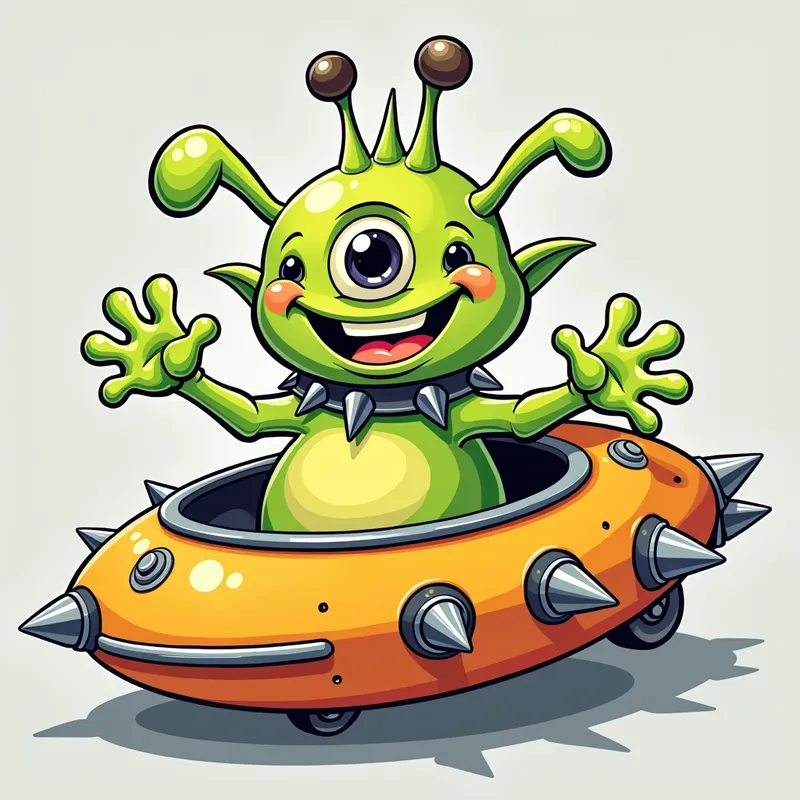 /imagine prompt:Detailed line art illust - /imagine prompt:Detailed line art illustration A cartoonish, bright green alien creature, positioned centrally in the image. The creature has a bulbous, teardrop shape body, and one large, expressive eye in the middle of its forehead Three oddly shaped fleshy appendages stick straight out from the top of its headi. It is wearing a gothic collar with enormous metal spikes sticking out of it. The creature has a cheerful, grinning expression, with visible, cartoonish teeth. Its arms, also brightly coloured, are outstretched in a welcoming gesture. The creature is sitting in a brightly coloured spaceship with metal spikes sticking out from the sides. The background is a plain, light gray. The style is vibrant, playful, and exaggerated, with bold outlines and bright colors. The lighting is even, casting no significant shadows. The creature's pose is friendly and inviting. The overall impression is of a friendly, cartoon alien character. - AI image generated with Photorealistic 2