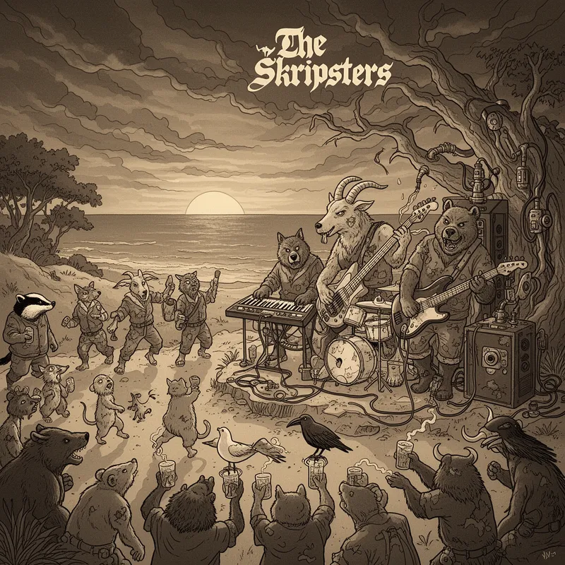 Škripsters: Steampunk Animal Band at DUS - A cartoon band playing on a cartoon desert with view of the distant sea. The style of the cartoon is like Jean Giraud, Moebius style of drawing.  The band is positioned on the right side of the image, while the audience is positioned on the left. The band and the audience are on the same island. The sea is visible in the upper part of the image. On the far left and far right of the image are trees and nature. It is sunset, and the sky has menacing clouds with the name of the band written inside: "The Škripsters" There are four members of the band. One is playing the keyboard, one is playing a bass guitar, one drums and the last one the electric guitar. The musicians are the following animal characters: the electric guitarist is a goat, the bass player is a wolf, the drummer is a boar, and the keyboard player is the bear. All animals have anthropomorphic human characteristics in playing the instruments, and they are rugged. Their faces and bodies are scarred from the battle.  The musicians wear rugged clothes. The style of the image is a combination of steam punk and organic nature. The musical instruments are connected with cables to musical amplifiers and the amplifiers have steam punk ornaments and pumps. The trees have steam punk ornaments. The band is playing in front of an audience and they are also animals with human characteristics, and they wear rugged clothes and are scarred and drinking and dancing. The animals in the audience are: a badger, a rat, a cat, a dog, a goat, a bear, a dormouse, a raven, a seagull, a crow, a bull and similar animals. All animals are rugged, brutal and suspicious about the world around them. The atmosphere is unsettling.  - AI image generated with Flux 2 - dynamic pose, antique wall portrait, ukiyo-e