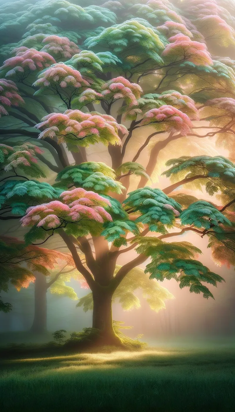 photo of a tree with a lot of  - photo of a tree with a lot of small tree leaves, rain water, morning mist on the leaves each leaf is different light pastel color and is almost transparent, sunlight is going through the leaves  - colorful