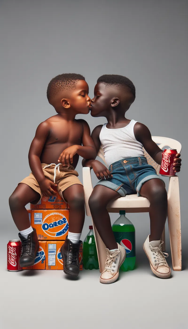 photo of two black boys kissin - photo of two black boys kissing. on the left the boy is sitting on a beer case wearing football shorts and no shirt. The other is sitting on a plastic chair, wearing jeans shorts and a white tank top and holding a glass of beer