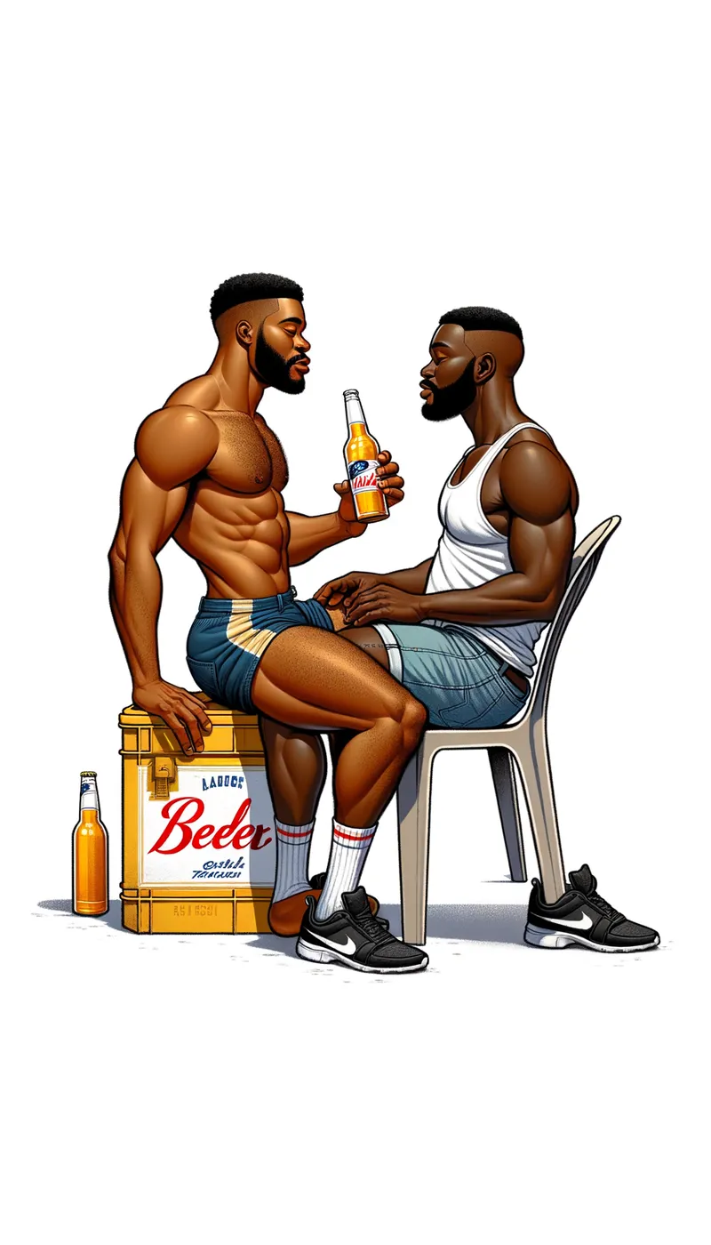 photo of two black guys kissin - photo of two black guys kissing. on the left the boy is sitting on a beer case wearing football shorts and no shirt. The other is sitting on a plastic chair, wearing jeans shorts and a white tank top and holding a glass of beer