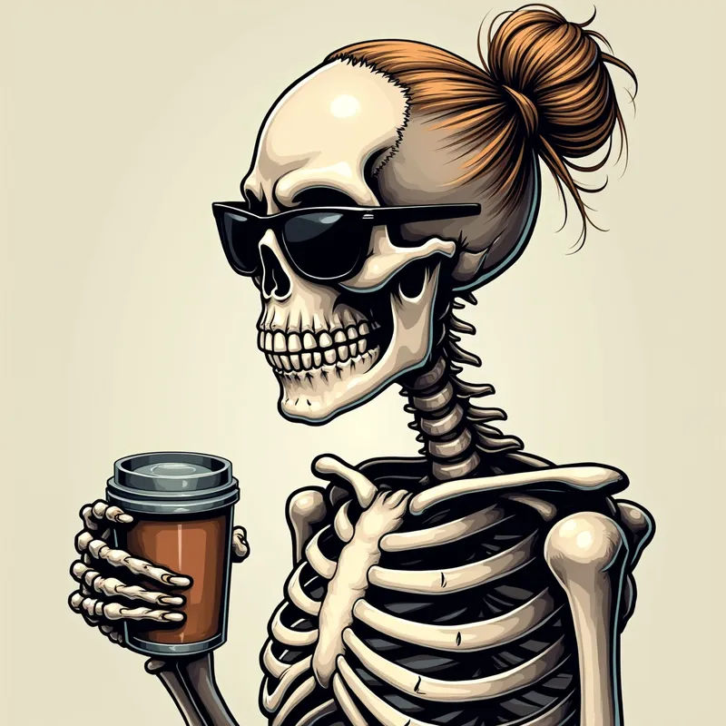 skeleton with hair in bun, wearing sungl - skeleton with hair in bun, wearing sunglasses and has tumbler cup in hand.  - AI image generated with Text
