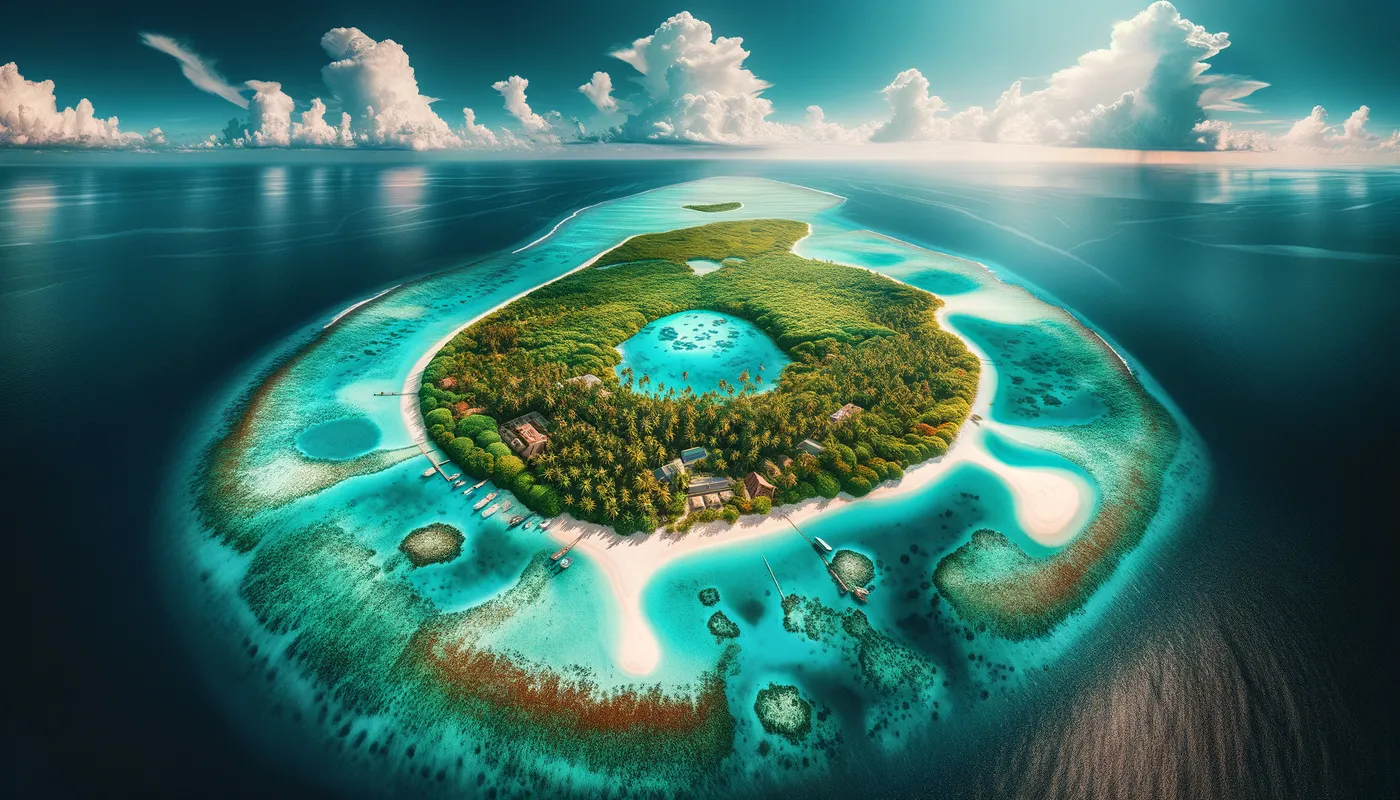 tropical island - tropical island - ultra wide lens at long shot, colorful, aerial view